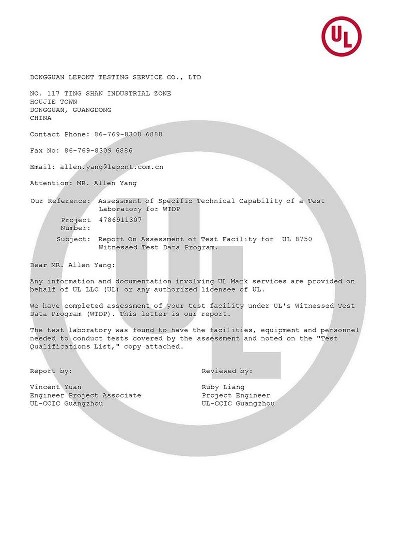 WTDP(UL8750) Qualification Letter
